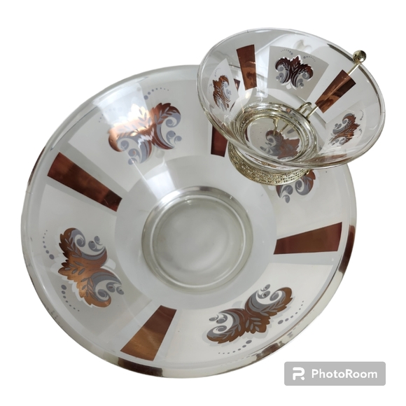 Vintage Anchor Hocking Festive Pattern 22k Gold/White Chip & Dip Set MCM - Picture 13 of 15